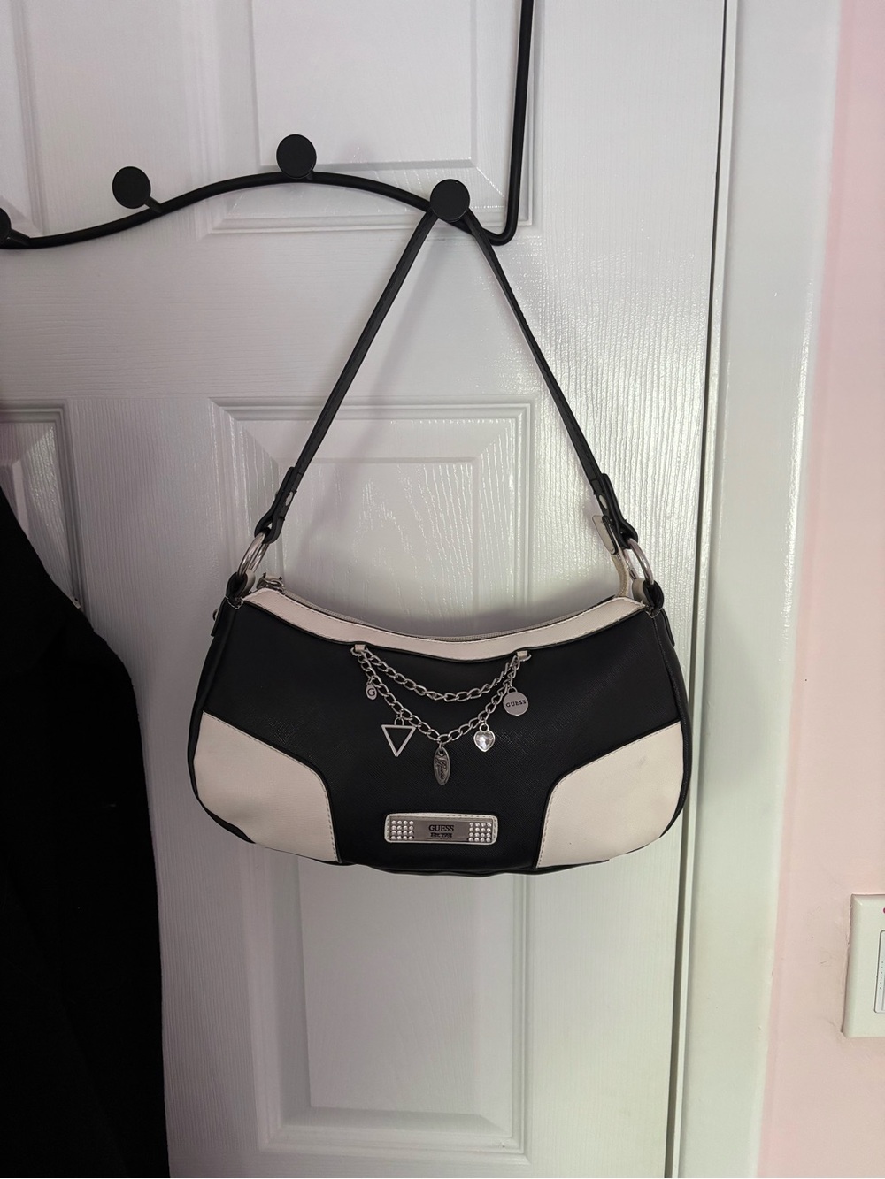 GUESS Black and White Two-Tone Shoulder Bag with Charm Chains